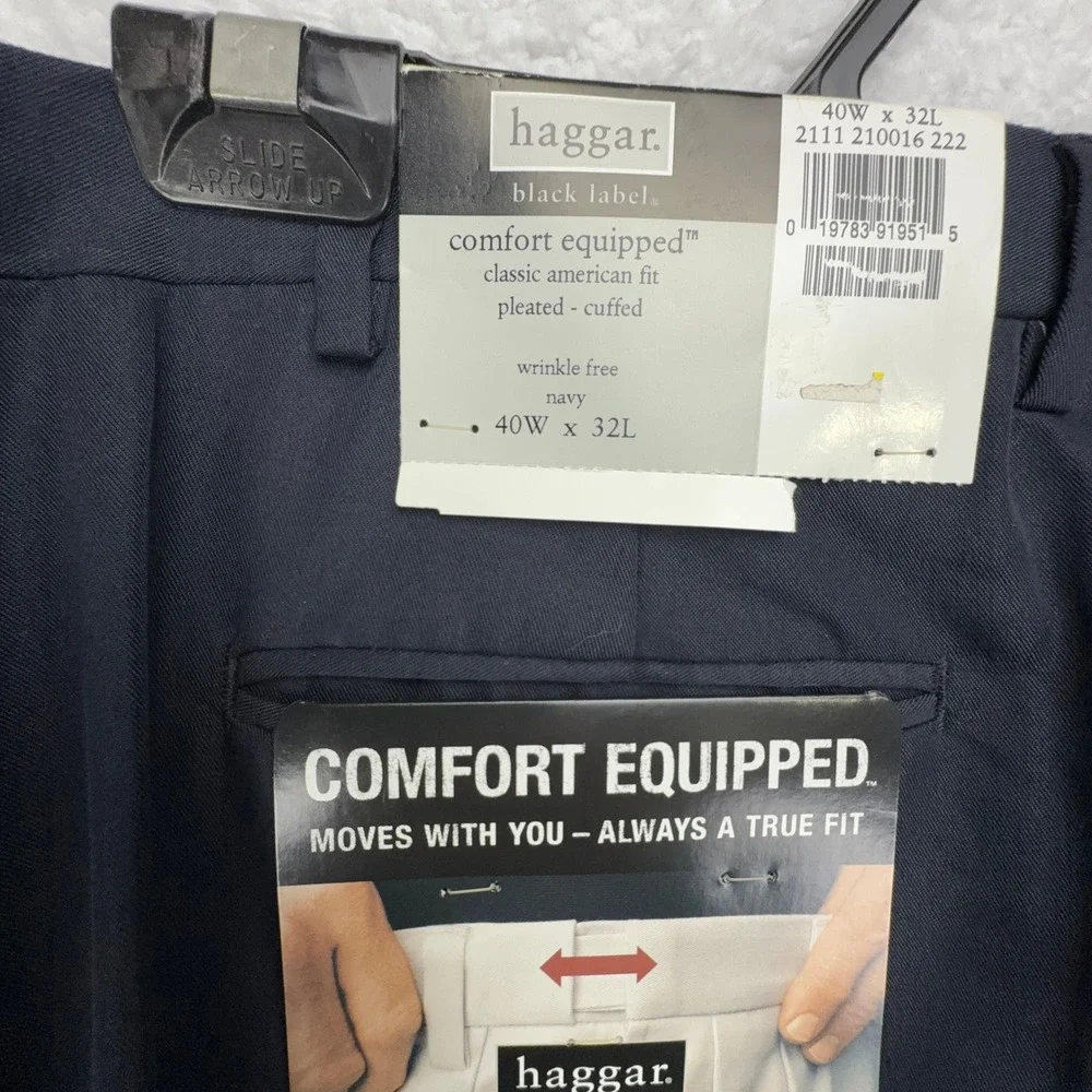 Haggar Black Label Men‎ 40x32 Navy Blue Pleated Cuffed Dress Pants NWT